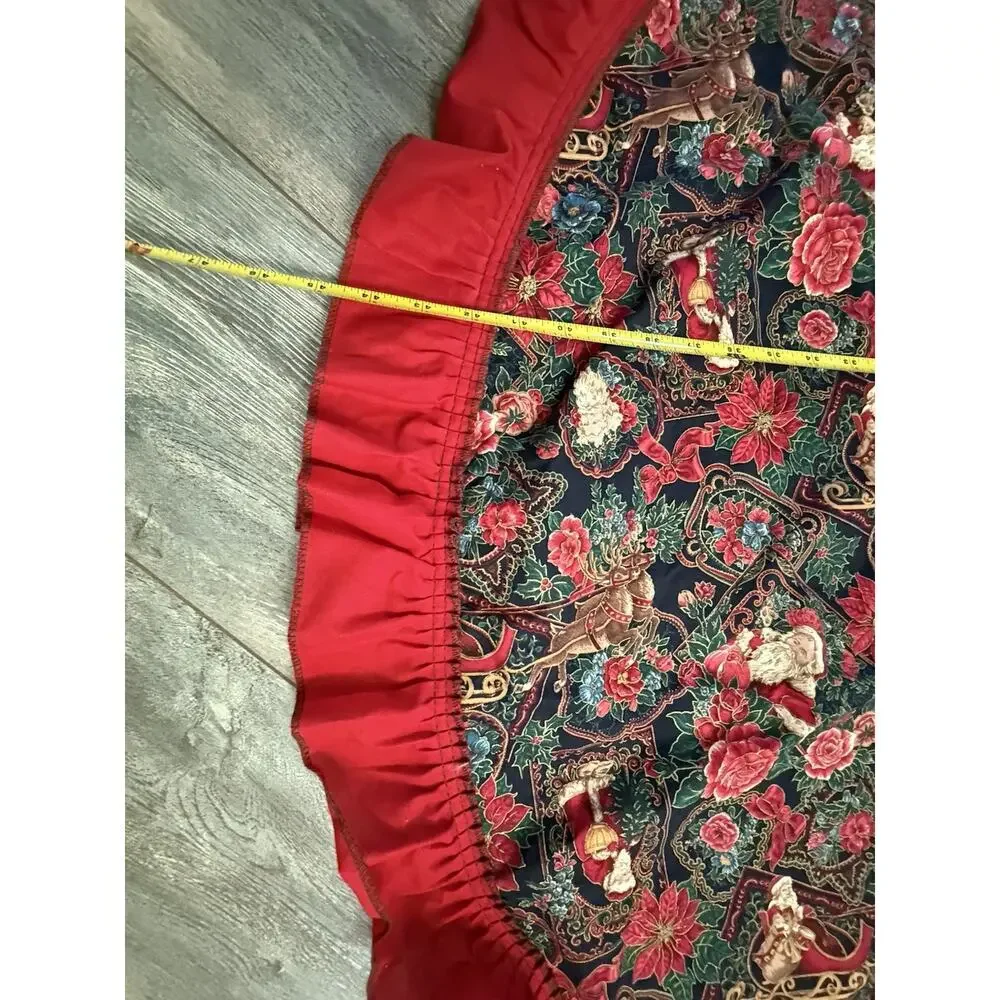 Vintage Christmas Skirt Tablecloth Round Ruffle Cotton 45” Red Print Victorian